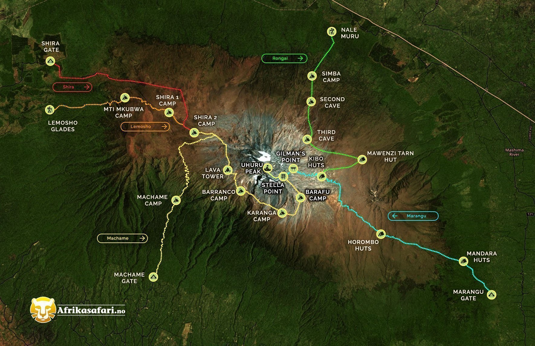 Kart over kilimanjaro ruter
